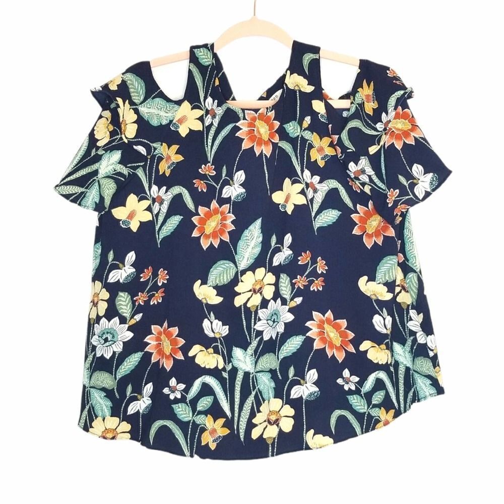 Umgee Navy Blue Floral Cold Shoulder Short Sleeve Blouse